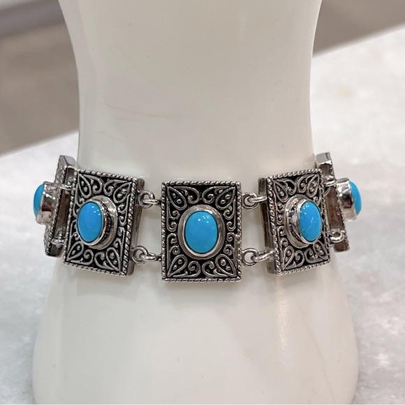 Arizona Sleeping Beauty Turquoise S925 Rectangular Link Toggle Clasp Bracelet - Picture 2 of 11